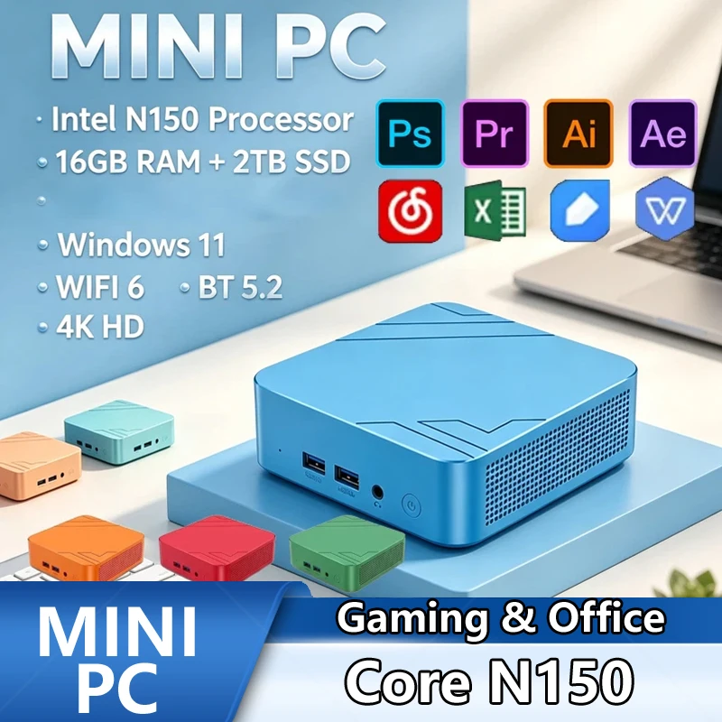 Pc Gaming Editing - N150 カラフルミニPC、16GB+2TB SSD、Win11、WiFi6、4K UHD ポータブルワークステーション、マルチタスク、ホームオフィス、ゲーム、動画編集に最適