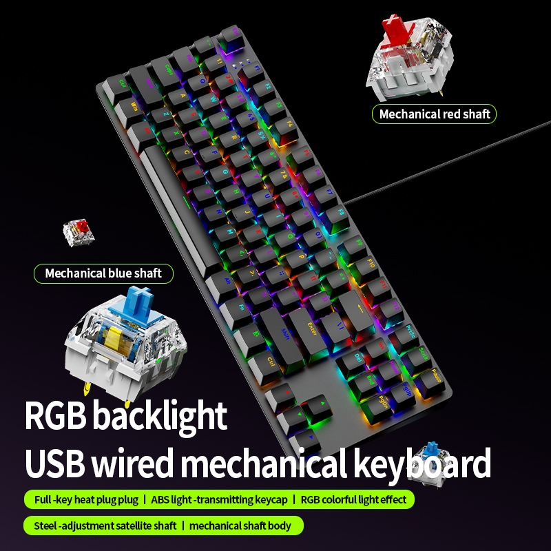Anti-Ghosting Keyboard - AK87 ホットスワップ対応メカニカルゲーミングキーボード、RGBバックライト付きUSB有線、アンチゴーストフルキー、レッド/ブルースイッチ、ABSキーキャップ