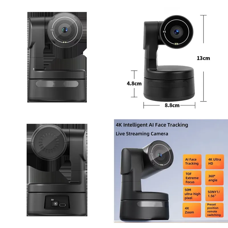 Webcam 4K - PC用小型4K PTZウェブカメラ、AI追跡機能付きジェスチャーコントロールPTZストリーミング、ラップトップ、会議、ビデオ通話用