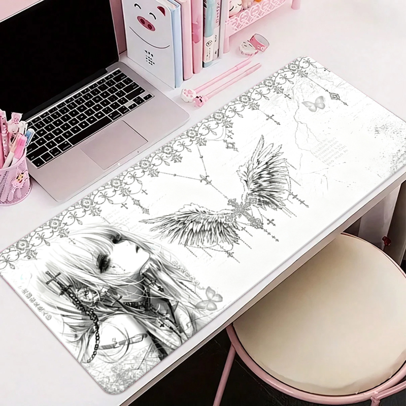 Gaming Desk Mat - レザーマウスパッド黒白アニメ美学エンジェルガールマウスパッドオフィスアクセサリーPCゲームキーボードEスポーツHDデスクマット