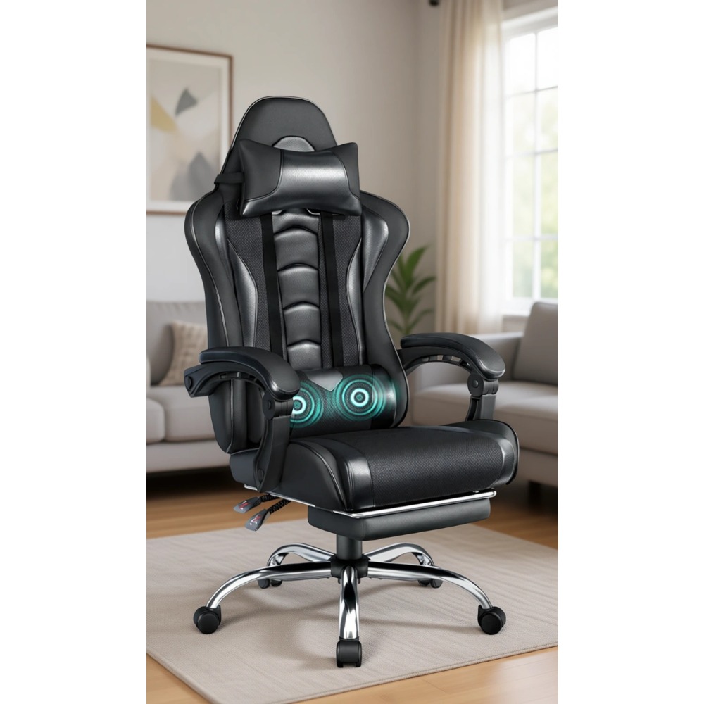 快適なPUレザーゲーミングチェア、フットレストマッサージ機能 - Gaming Chair Lumbar Pillow のレビューと価格