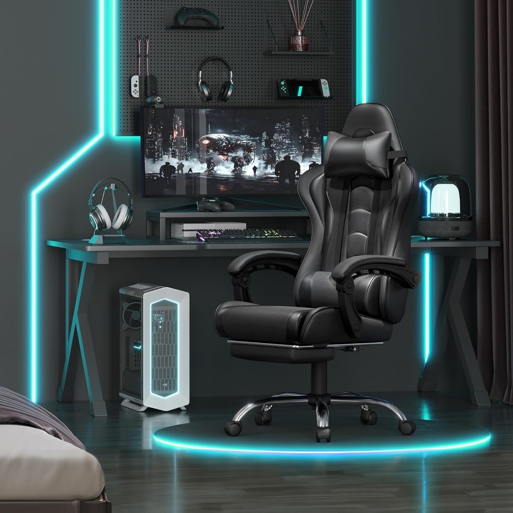 快適なPUレザーゲーミングチェア、フットレストマッサージ機能 - Gaming Chair Lumbar Pillow のレビューと価格