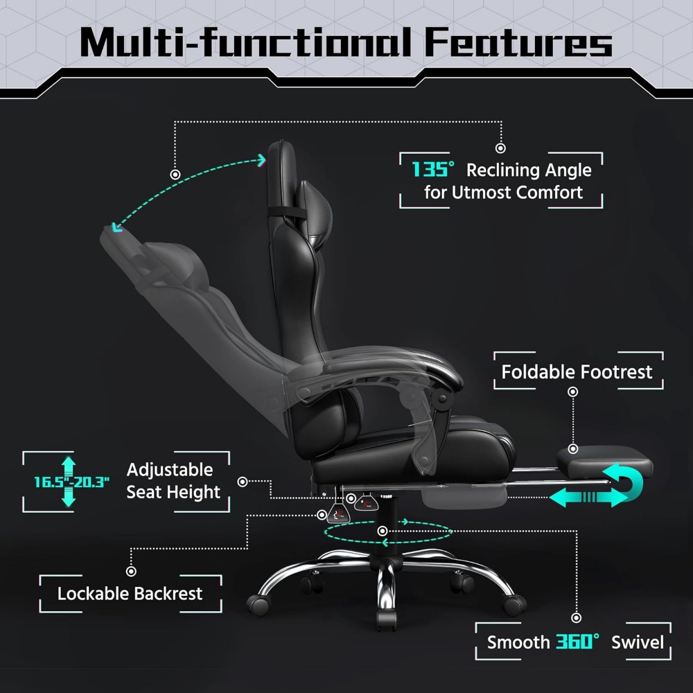 快適なPUレザーゲーミングチェア、フットレストマッサージ機能 - Gaming Chair Lumbar Pillow のレビューと価格