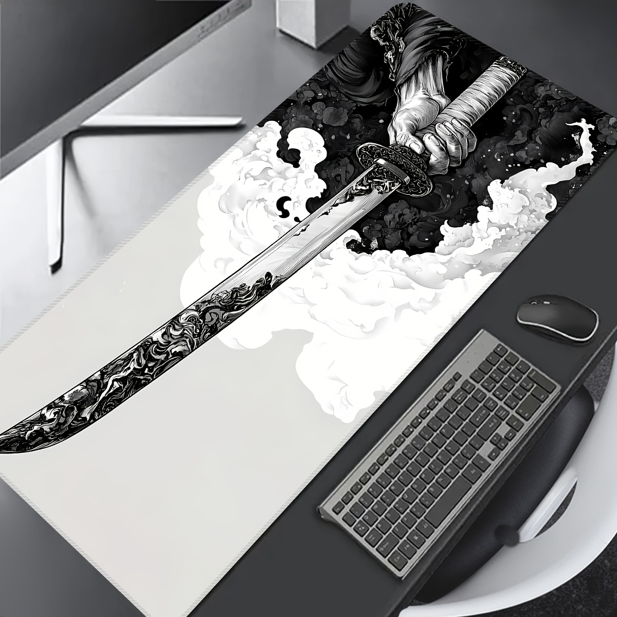 特大ゲーミングマウスパッド、黒と白の剣プリント、滑り止めゴム - Pc Gaming White のレビューと価格